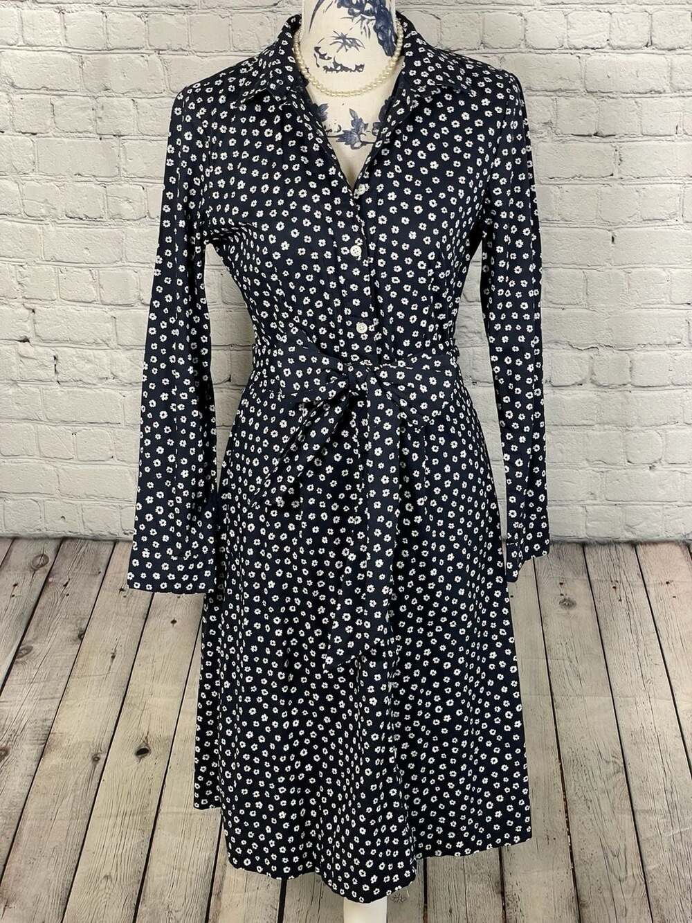 J.Crew Navy Blue Floral Long Sleeve Shirt Dress with Tie Waist Size 4